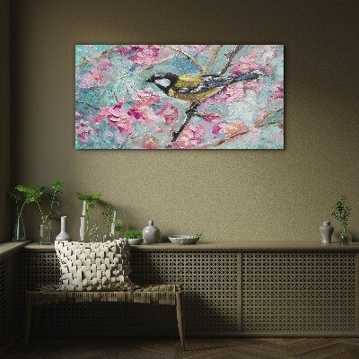 Spring bird singing on a branch Wall art on glass