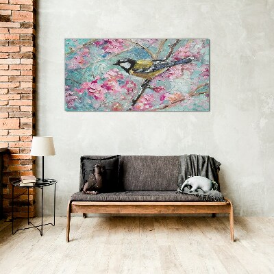 Spring bird singing on a branch Wall art on glass