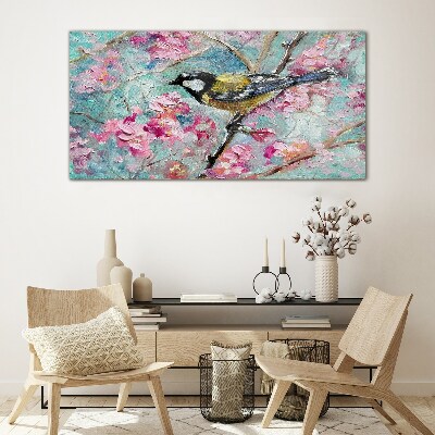 Spring bird singing on a branch Wall art on glass