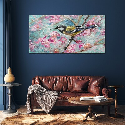 Spring bird singing on a branch Wall art on glass
