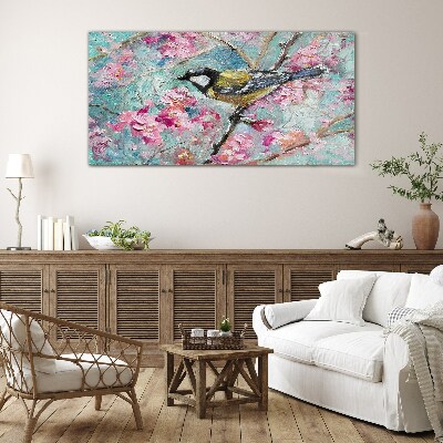 Spring bird singing on a branch Wall art on glass