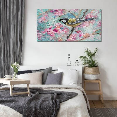 Spring bird singing on a branch Wall art on glass
