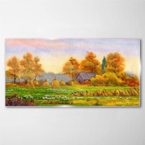 Autumn village with orchard and stacks Wall art on glass