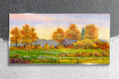Autumn village with orchard and stacks Wall art on glass