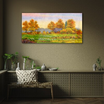 Autumn village with orchard and stacks Wall art on glass