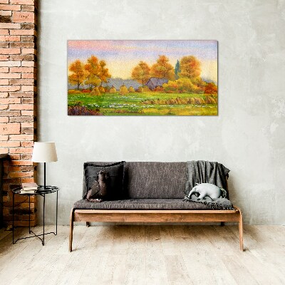 Autumn village with orchard and stacks Wall art on glass