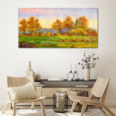 Autumn village with orchard and stacks Wall art on glass