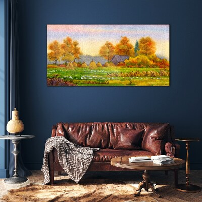 Autumn village with orchard and stacks Wall art on glass