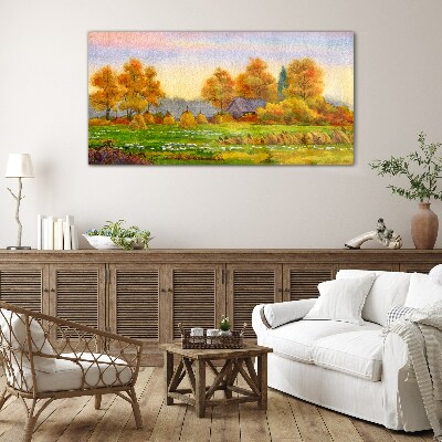Autumn village with orchard and stacks Wall art on glass