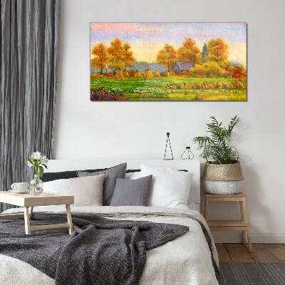 Autumn village with orchard and stacks Wall art on glass