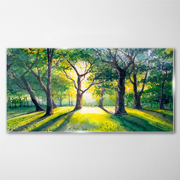 Golden rays in the forest grove Glass art print