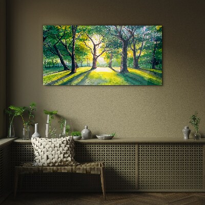 Golden rays in the forest grove Glass art print