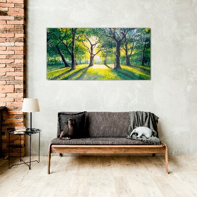 Golden rays in the forest grove Glass art print