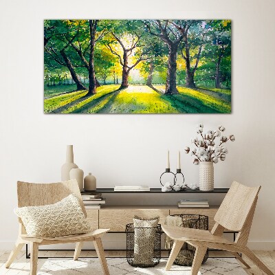 Golden rays in the forest grove Glass art print