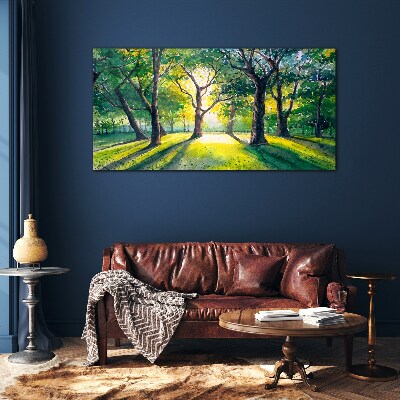 Golden rays in the forest grove Glass art print
