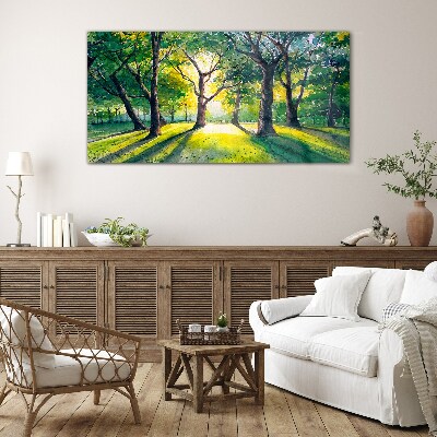 Golden rays in the forest grove Glass art print