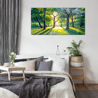Golden rays in the forest grove Glass art print