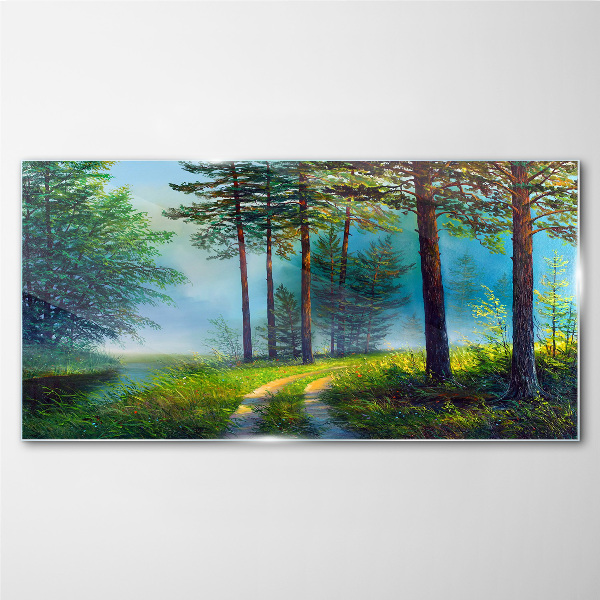 Forest path in the morning fog Glass art print