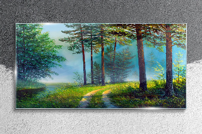 Forest path in the morning fog Glass art print