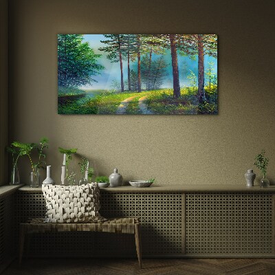 Forest path in the morning fog Glass art print