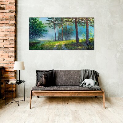 Forest path in the morning fog Glass art print