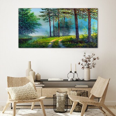 Forest path in the morning fog Glass art print
