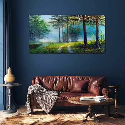 Forest path in the morning fog Glass art print