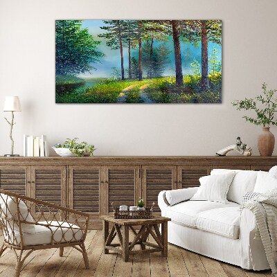 Forest path in the morning fog Glass art print