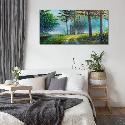 Forest path in the morning fog Glass art print