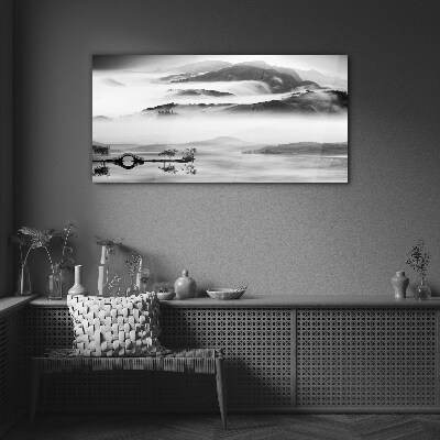 Misty mountain panorama Glass art print