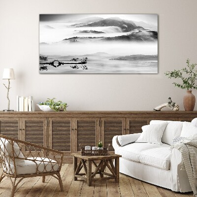Misty mountain panorama Glass art print