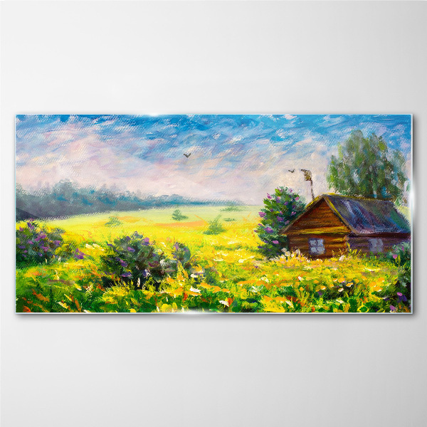Summer landscapes with a cottage in the field Wall art on glass
