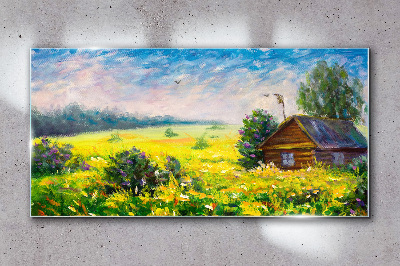 Summer landscapes with a cottage in the field Wall art on glass