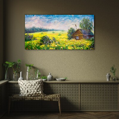 Summer landscapes with a cottage in the field Wall art on glass