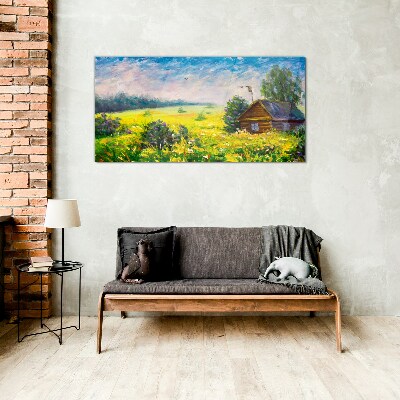 Summer landscapes with a cottage in the field Wall art on glass