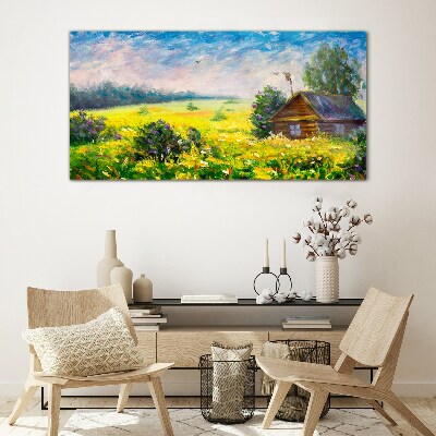 Summer landscapes with a cottage in the field Wall art on glass