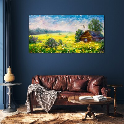 Summer landscapes with a cottage in the field Wall art on glass