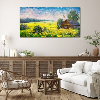 Summer landscapes with a cottage in the field Wall art on glass