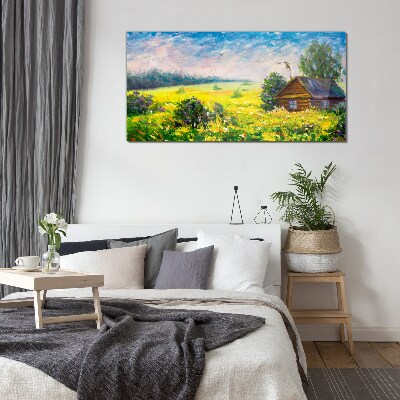 Summer landscapes with a cottage in the field Wall art on glass