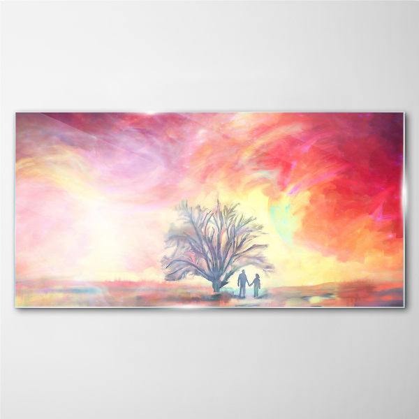 Romantic sunset under the tree Glass art print