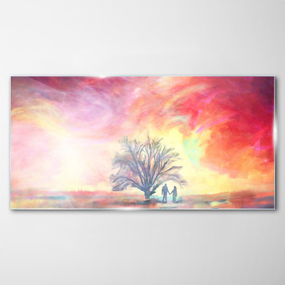 Romantic sunset under the tree Glass art print