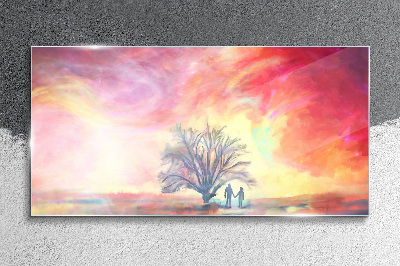 Romantic sunset under the tree Glass art print