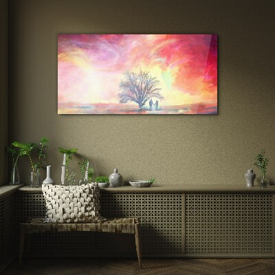 Romantic sunset under the tree Glass art print