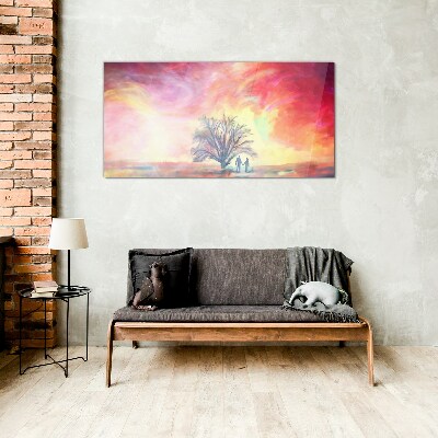Romantic sunset under the tree Glass art print