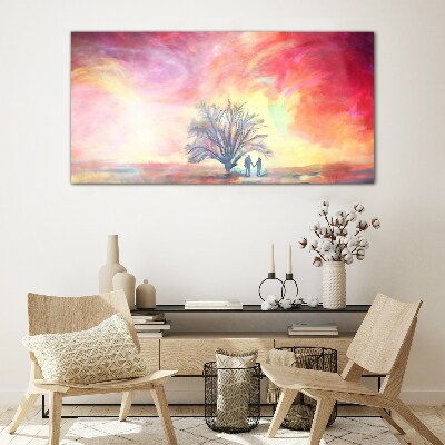 Romantic sunset under the tree Glass art print