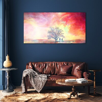 Romantic sunset under the tree Glass art print