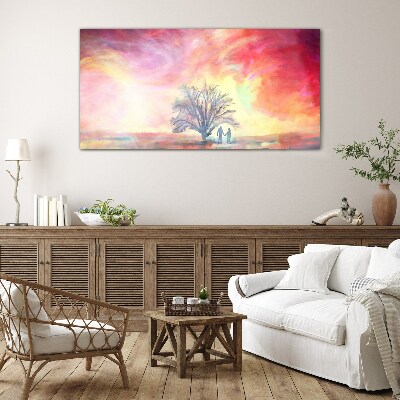 Romantic sunset under the tree Glass art print