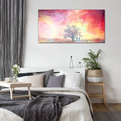 Romantic sunset under the tree Glass art print