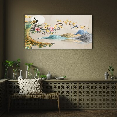 Peacock in Blooming Landscape Glass art print