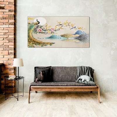 Peacock in Blooming Landscape Glass art print